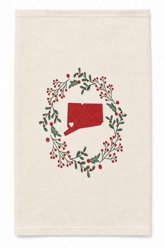 Connecticut Holiday Wreath Cotton Tea Towel