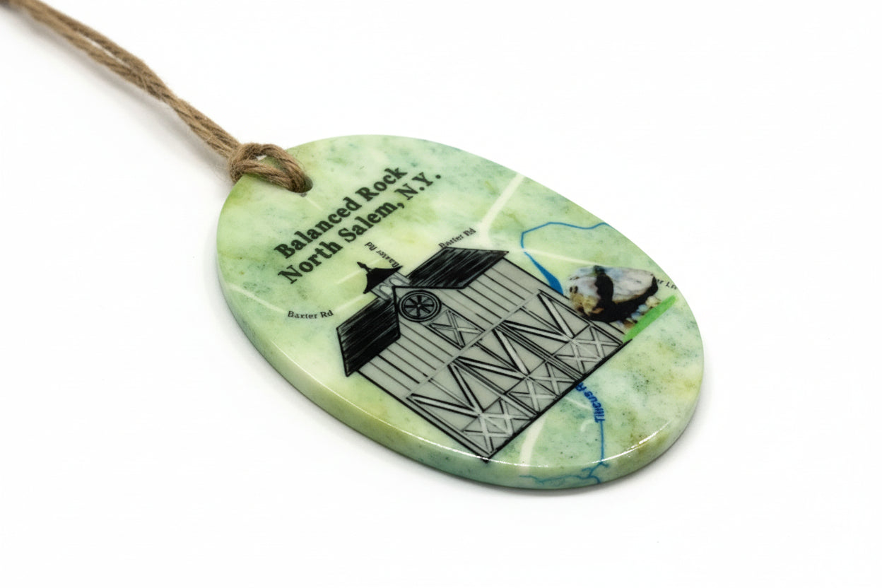 We collaborated with a woman-owned business in New Hampshire to create these unique ceramic ornaments, depicting Ridgefield's iconic Keeler Tavern and Cass Gilbert Fountain