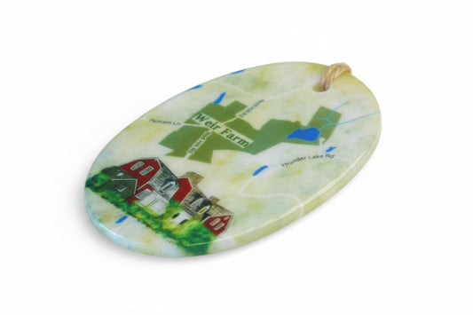 We collaborated with a woman-owned business in New Hampshire to create these unique ceramic ornaments, depicting Wilton Connecticut's Weir Farm, a National Historic Site. Craft gift box included. This design is a Rooted Plow exclusive.