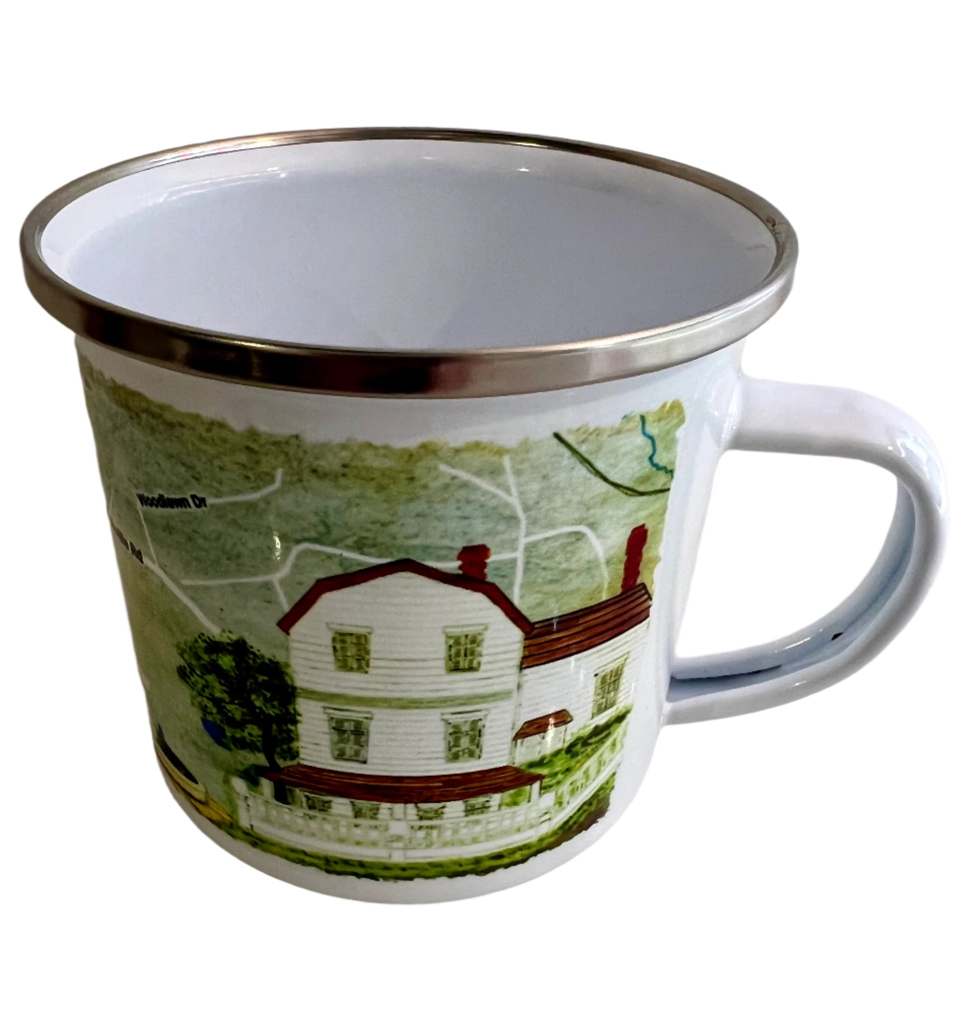 camp mugs with a wrap around design are handcrafted exclusively for us in Michigan by a woman-owned business and celebrates Ridgefield's legendary Cas Gilbert fountain and Keeler Tavern!  