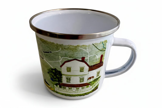 camp mugs with a wrap around design are handcrafted exclusively for us in Michigan by a woman-owned business and celebrates Ridgefield's legendary Cas Gilbert fountain and Keeler Tavern! 