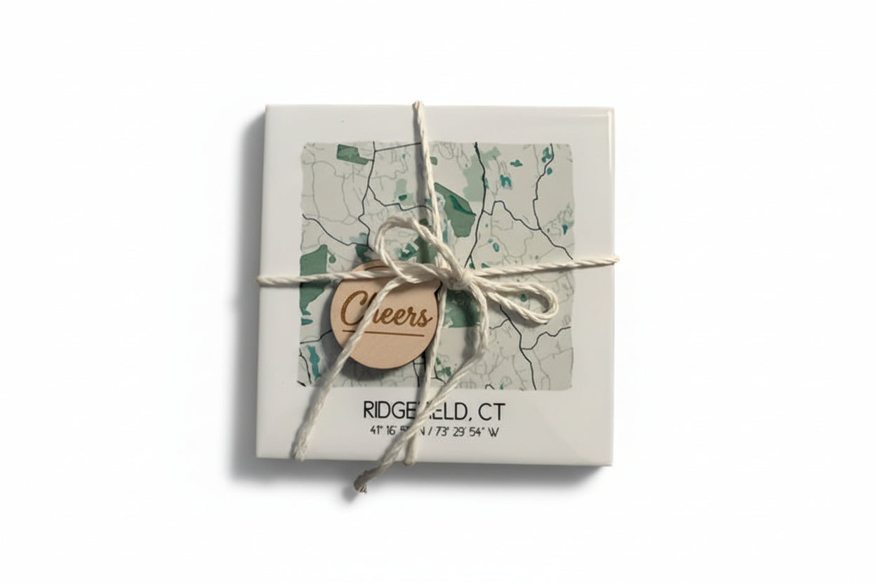 Ridgefield CT Map Art Tile Coasters - Set of 4