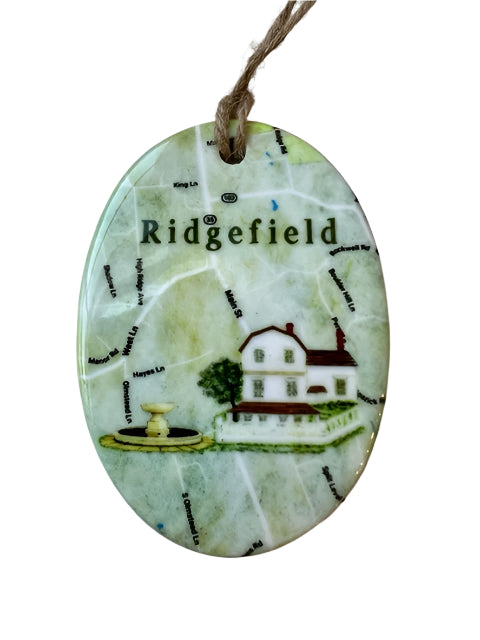 We collaborated with a woman-owned business in New Hampshire to create these unique ceramic ornaments, depicting Ridgefield's iconic Keeler Tavern and Cass Gilbert Fountain