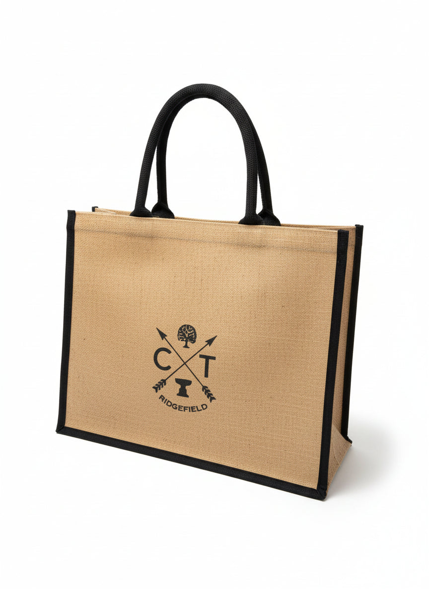 Navy Rope Handle Jute Tote - Iconic Ridgefield Design