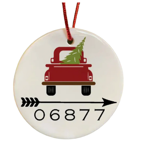 06877 Holiday Tree & Truck Ceramic Ornament - Exclusive Design