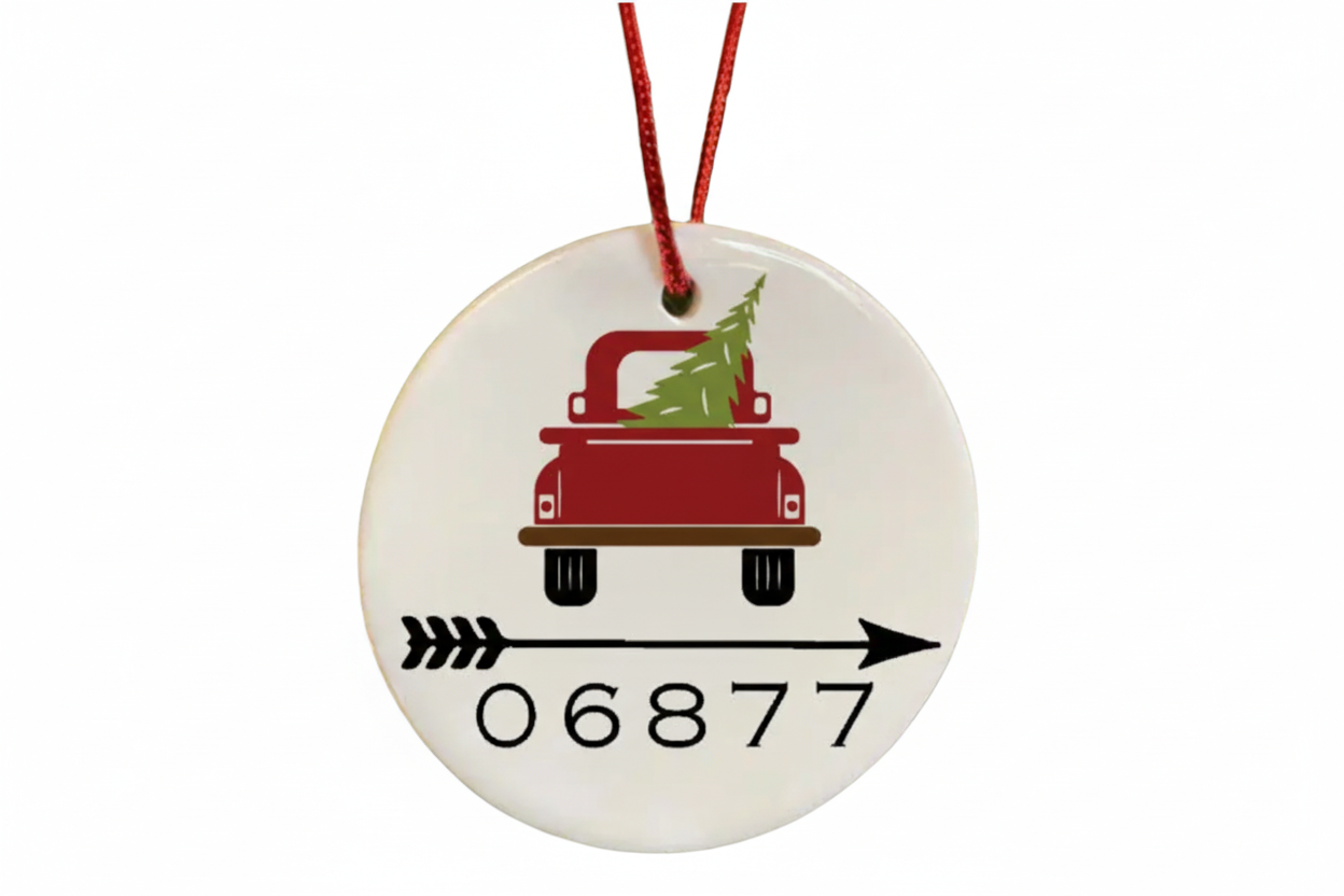 06877 Holiday Tree & Truck Ceramic Ornament - Exclusive Design