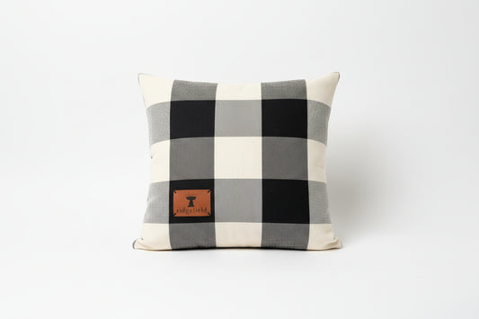 Ridgefield Connecticut buffalo plaid throw pillow with leather patch - hometown gift