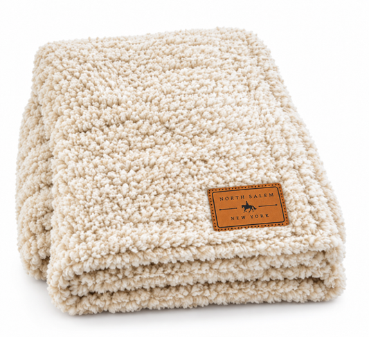 North Salem NY Sherpa Throw Blanket – Cozy Fleece Blanket with Leather Patch