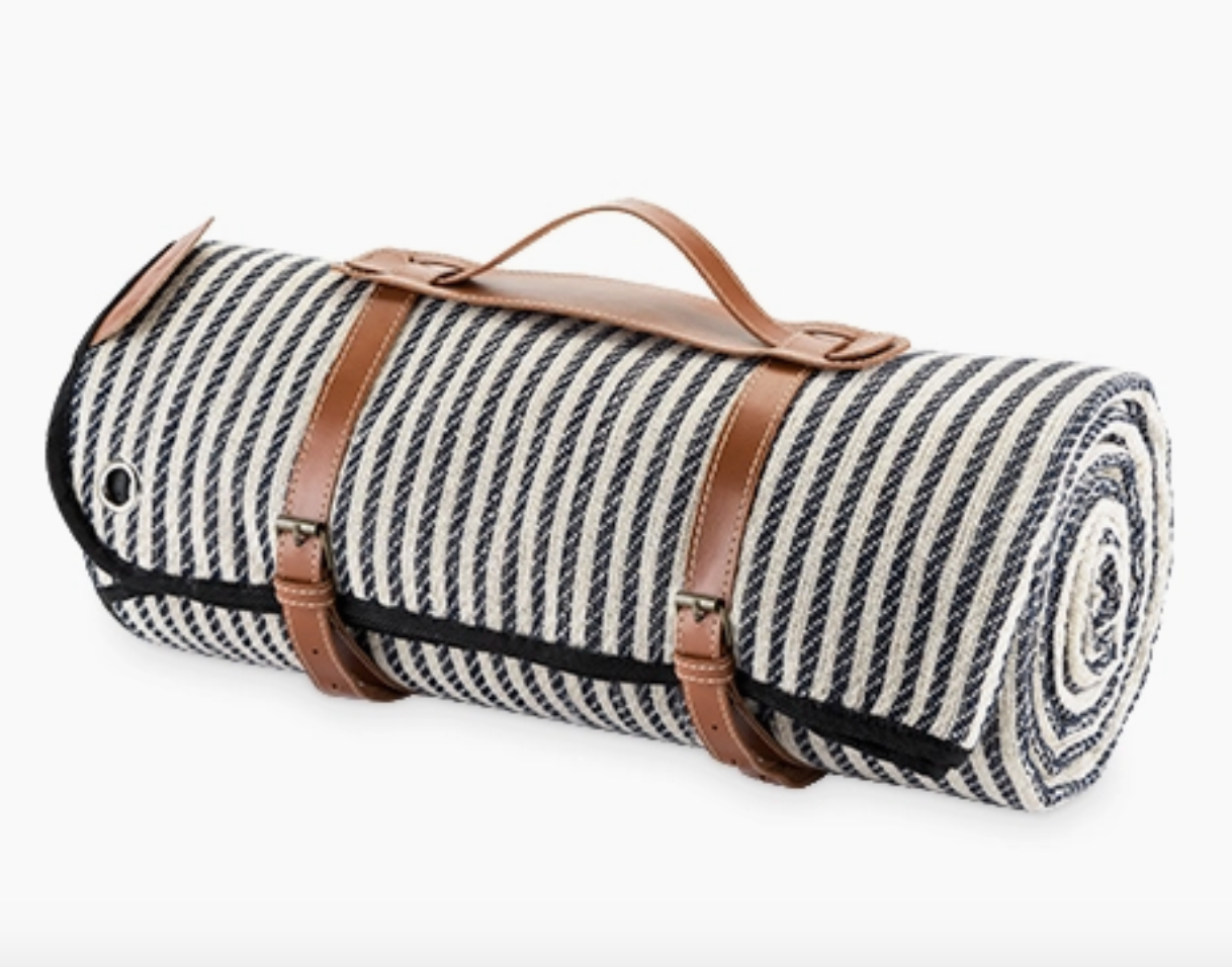 Waterproof Picnic Blanket - Nautical Pinstripe Blue with Genuine Leather Carrier