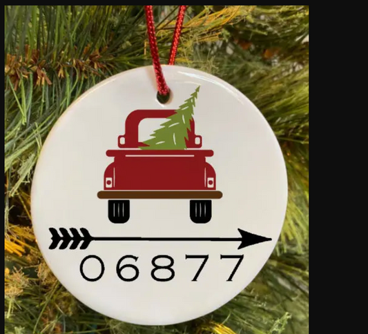 06877 Holiday Tree & Truck Ceramic Ornament - Exclusive Design
